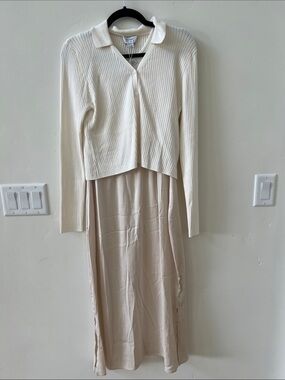 Seraphine Maternity Cream Rib-Knit Collared Dress with Slip Skirt